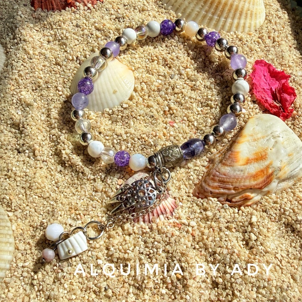 White agate + Purple jade and Silver Charm Bracelet